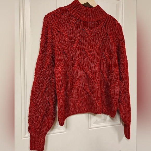 AE American Eagle Cable Knit Mock neck Red Sweater jumper Bishop sleeve size S - Picture 5 of 11
